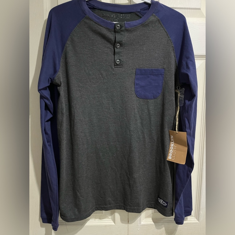 Brooklyn Cloth Men’s Long Sleeve Grey/Blue Baseball Henley T-Shirt in Sz Medium